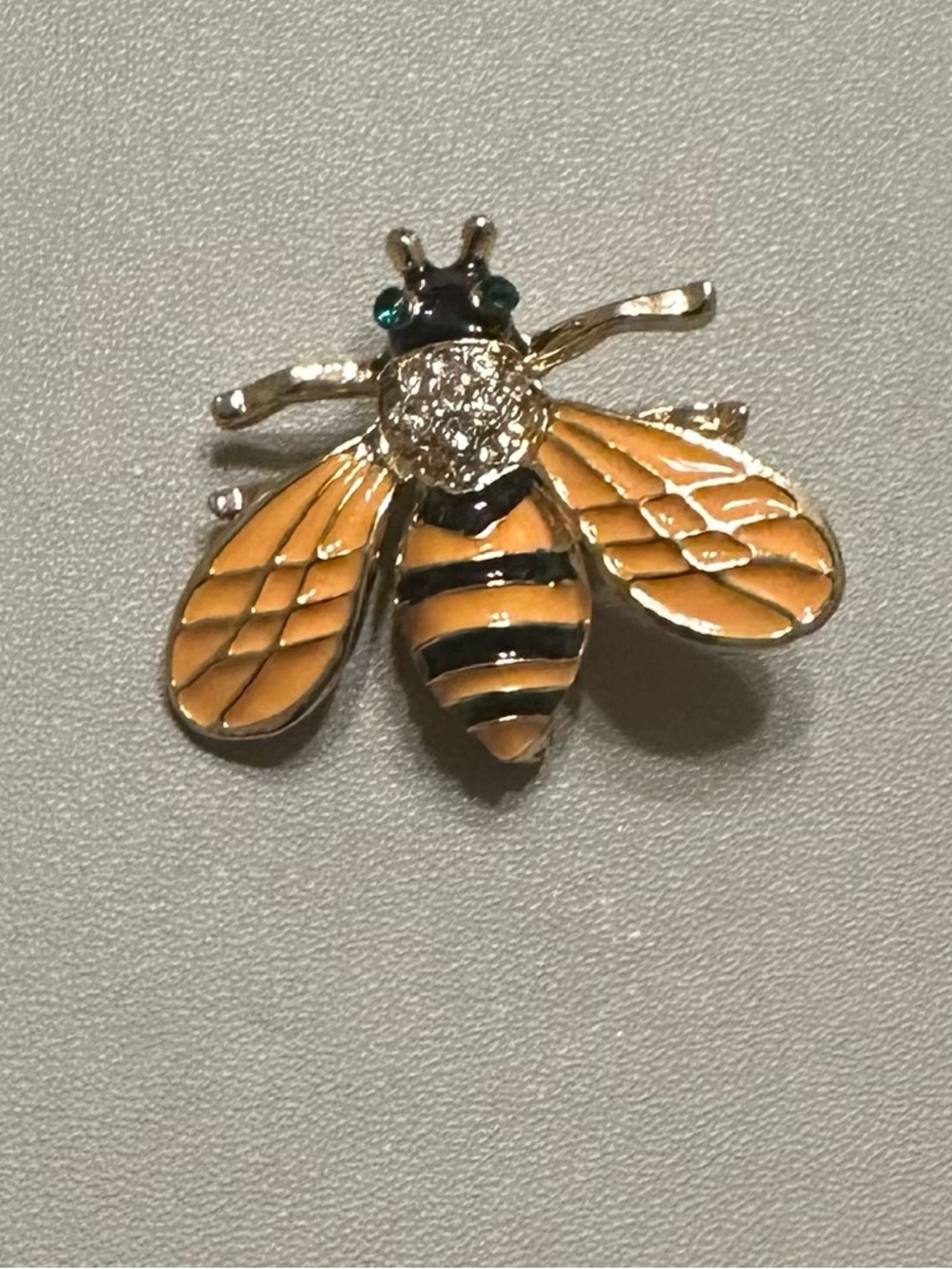 Vintage Enamel Bumblebee Brooch Green Rhinestone Eyes  Gold Tone Cottagecore